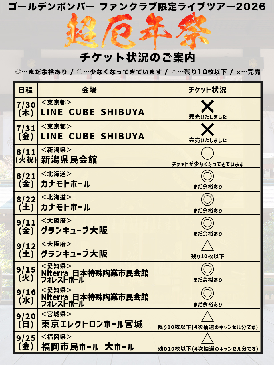 5次受付＞ゴールデンボンバー ファンクラブ限定ライブツアー2026 ～超