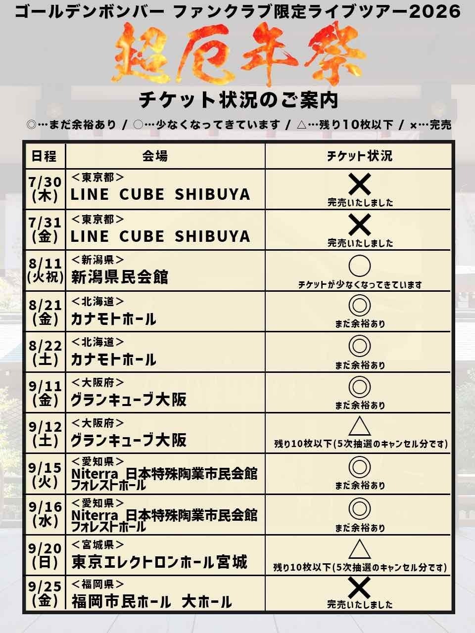 6次受付＞ゴールデンボンバー ファンクラブ限定ライブツアー2026 ～超