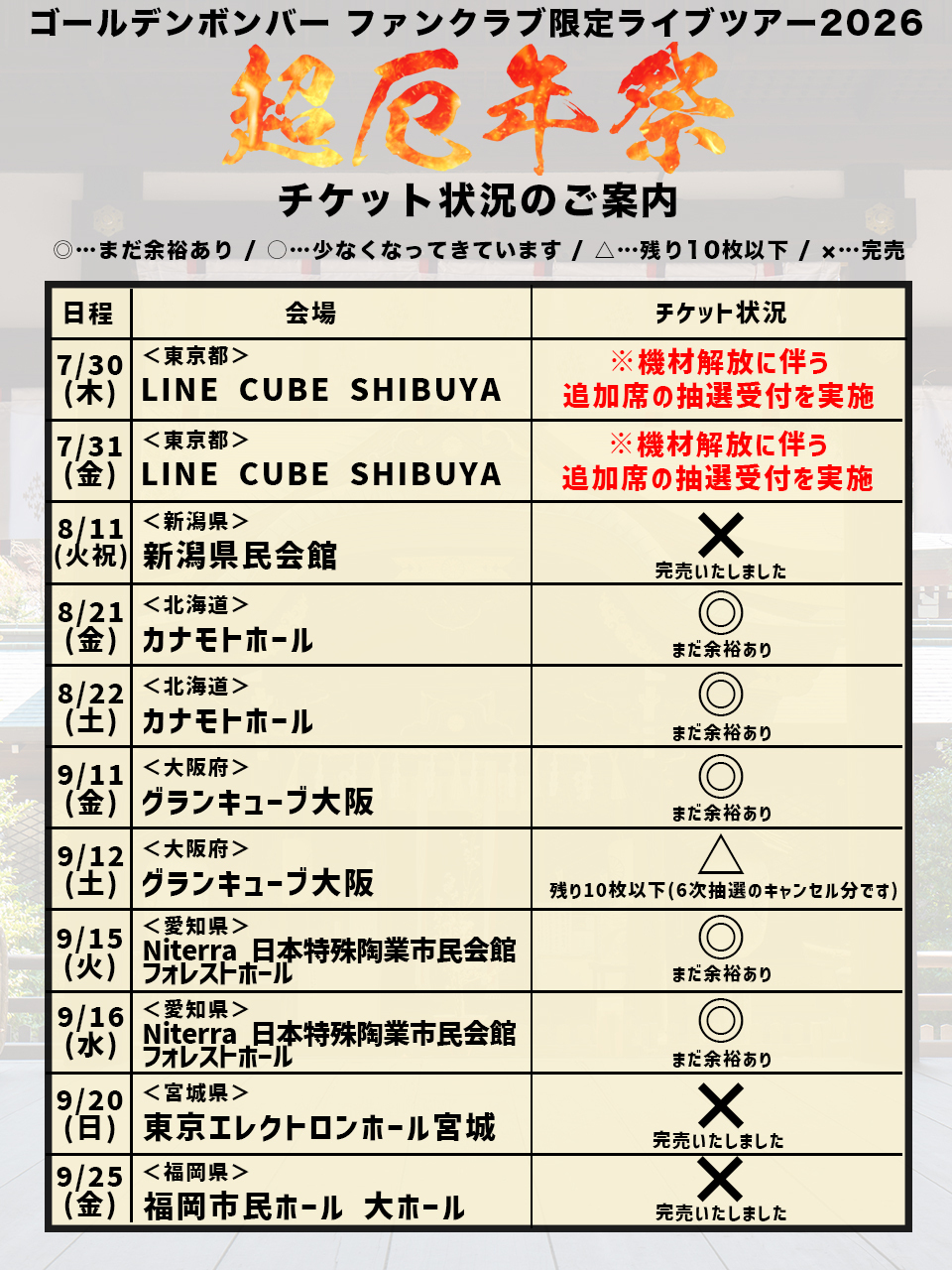 追加席抽選受付(東京のみ)・先着受付＞ゴールデンボンバー ファン